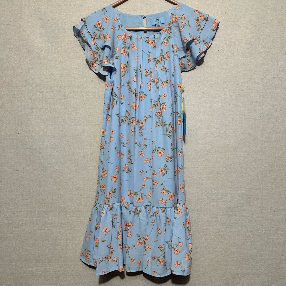 NWT CeCe Floral Blue Dress with Ruffle Sleeves - size XS